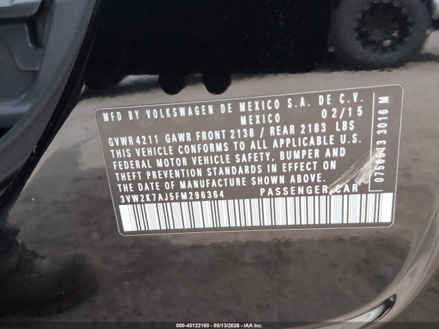 2015 Volkswagen Jetta 2.0l S მანქანა იყიდება აუქციონზე, vin: 3VW2K7AJ5FM296364, აუქციონის ნომერი: 45122180
