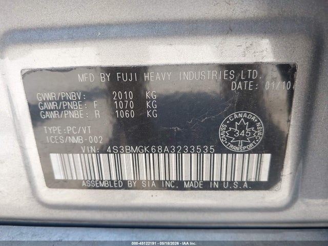 45122191 :رقم المزاد ، 4S3BMGK68A3233535 vin ، 2010 Subaru Legacy 2.5i Limited مزاد بيع