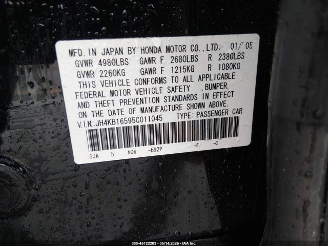 45122203 :رقم المزاد ، JH4KB16595C011045 vin ، 2005 Acura Rl 3.5 مزاد بيع