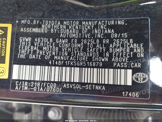 Aukcja sprzedaży 2016 Toyota Camry Le, vin: 4T4BF1FK5GR516879, numer aukcji: 45122204