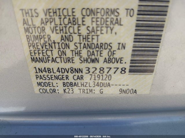 1N4BL4DV8NN328778 Nissan Altima Sv Fwd