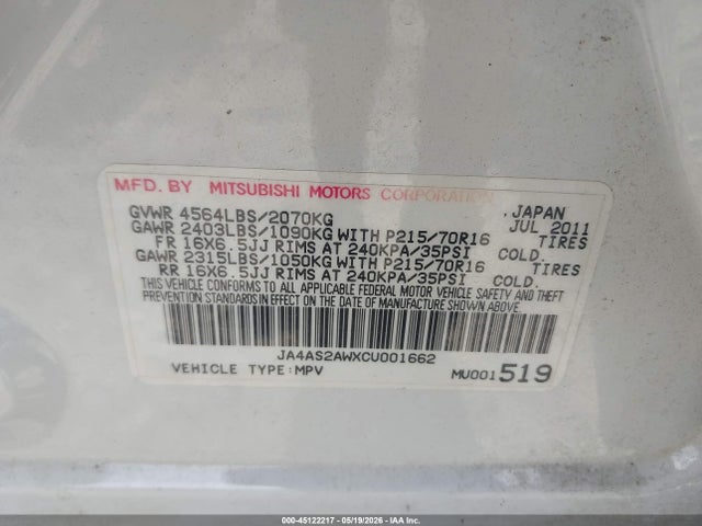 2012 Mitsubishi Outlander Es მანქანა იყიდება აუქციონზე, vin: JA4AS2AWXCU001662, აუქციონის ნომერი: 45122217