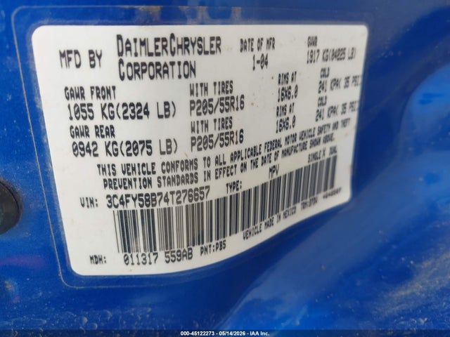45122273 :رقم المزاد ، 3C4FY58B74T276657 vin ، 2004 Chrysler Pt Cruiser Touring مزاد بيع