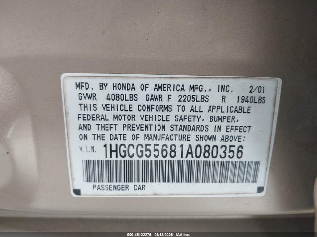 45122276 :رقم المزاد ، 1HGCG55681A080356 vin ، 2001 Honda Accord 2.3 Ex مزاد بيع