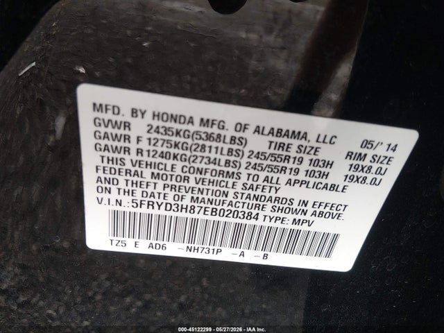 45122299 :رقم المزاد ، 5FRYD3H87EB020384 vin ، 2014 Acura Mdx Advance Pkg W/entertainment Pkg مزاد بيع
