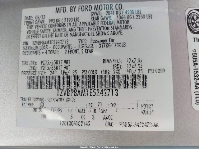 45122306 :رقم المزاد ، 1ZVBP8AM1E5242713 vin ، 2014 Ford Mustang V6 مزاد بيع
