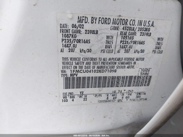Продаж на аукціоні авто 2002 Ford Escape Xlt, vin: 1FMCU04102KD71098, номер лоту: 45122315