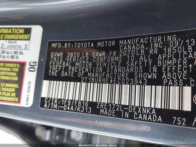 Aukcja sprzedaży 2014 Toyota Corolla Le, vin: 2T1BURHE4EC023943, numer aukcji: 45122317