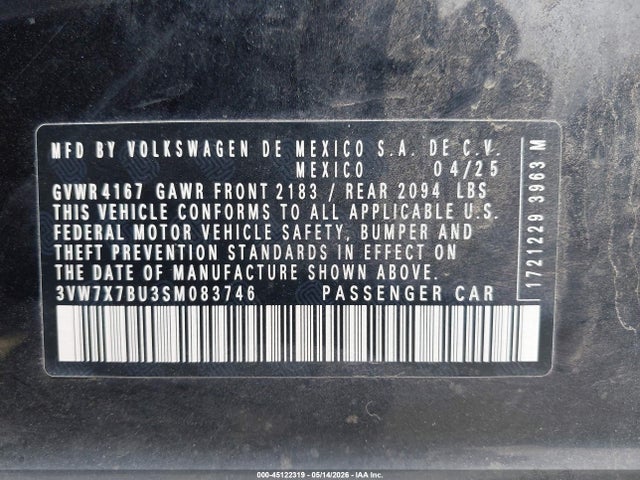 Продаж на аукціоні авто 2025 Volkswagen Jetta 1.5t Se, vin: 3VW7X7BU3SM083746, номер лоту: 45122319
