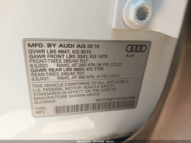 Продажа на аукционе авто 2019 Audi Q7 55 Premium, vin: WA1VAAF72KD007969, номер лота: 45122321