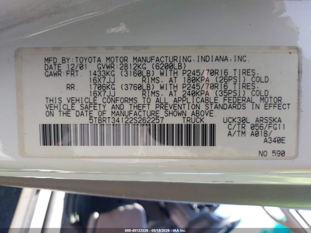 Aukcja sprzedaży 2002 Toyota Tundra Sr5 V8, vin: 5TBRT34122S262257, numer aukcji: 45122326