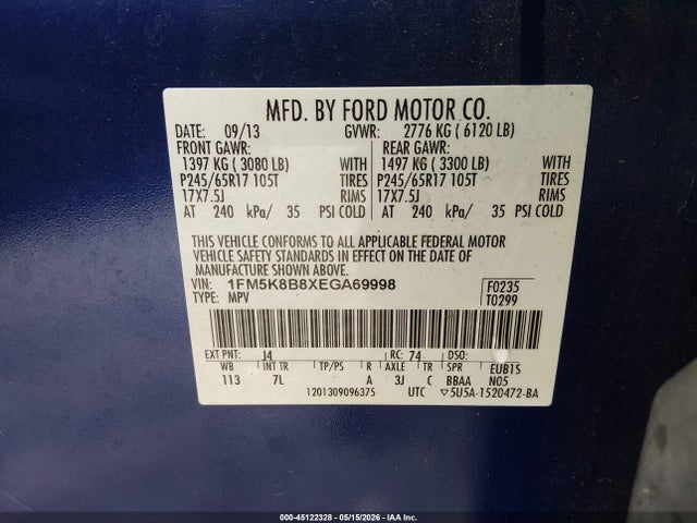 45122328 :رقم المزاد ، 1FM5K8B8XEGA69998 vin ، 2014 Ford Explorer مزاد بيع