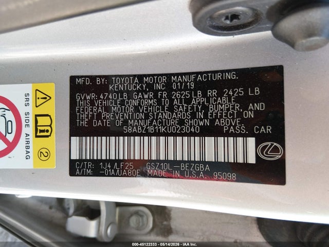 Продажа на аукционе авто 2019 Lexus Es 350 F Sport, vin: 58ABZ1B11KU023040, номер лота: 45122333