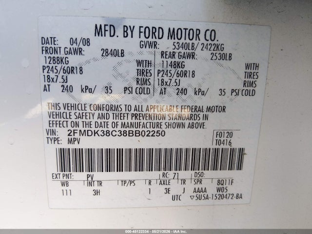 2008 Ford Edge Sel მანქანა იყიდება აუქციონზე, vin: 2FMDK38C38BB02250, აუქციონის ნომერი: 45122334