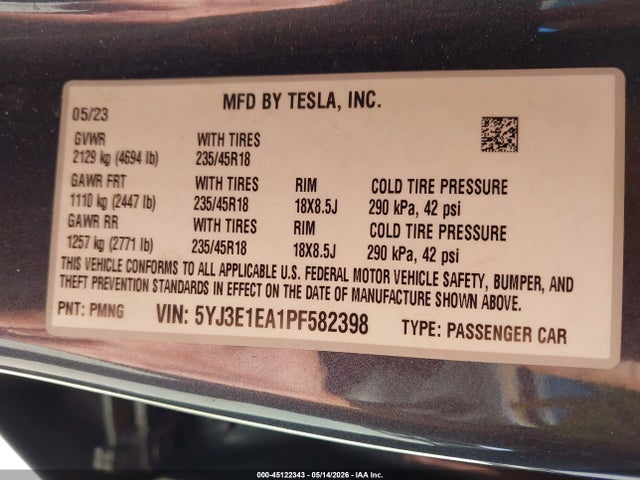 Aukcja sprzedaży 2023 Tesla Model 3 Rear-wheel Drive, vin: 5YJ3E1EA1PF582398, numer aukcji: 45122343