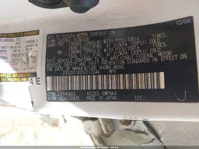 Aukcja sprzedaży 2005 Toyota Highlander, vin: JTEGD21A250113344, numer aukcji: 45122349