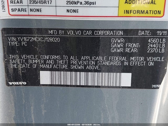 2012 Volvo C70 T5 მანქანა იყიდება აუქციონზე, vin: YV1672MCXCJ128020, აუქციონის ნომერი: 45122358
