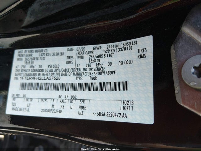 45122359 :رقم المزاد ، 1FTER4FH2LLA57528 vin ، 2020 Ford Ranger Xlt مزاد بيع