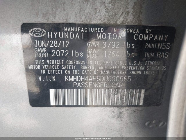 Продаж на аукціоні авто 2013 Hyundai Elantra Gls/limited, vin: KMHDH4AE6DU590565, номер лоту: 45122365