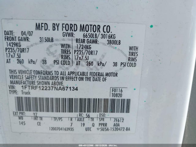 2007 Ford F-150 Stx/xl/xlt მანქანა იყიდება აუქციონზე, vin: 1FTRF12237NA67134, აუქციონის ნომერი: 45122368