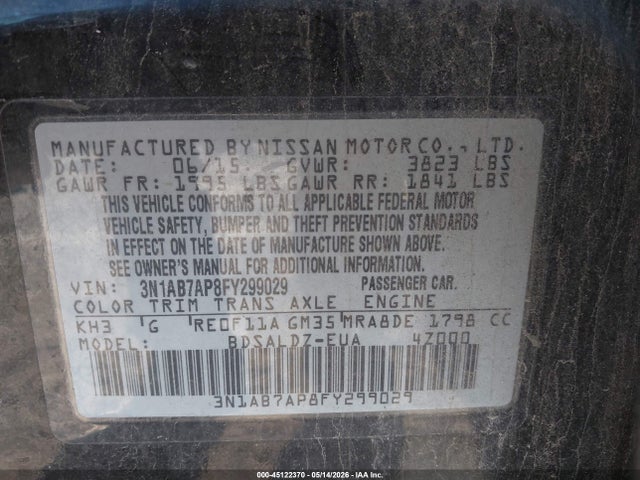 Продажа на аукционе авто 2015 Nissan Sentra Sv, vin: 3N1AB7AP8FY299029, номер лота: 45122370