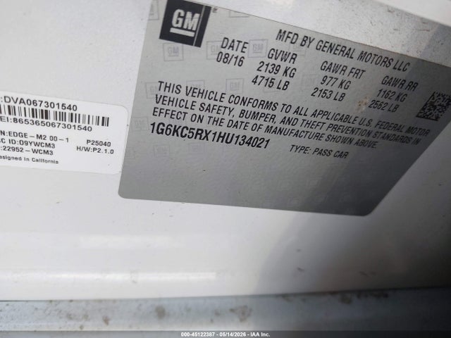 Auction sale of the 2017 Cadillac Ct6 Luxury, vin: 1G6KC5RX1HU134021, lot number: 45122387