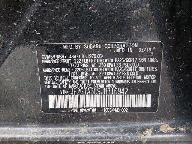 45122395 :رقم المزاد ، JF2GTABC9JH316942 vin ، 2018 Subaru Crosstrek 2.0i Premium مزاد بيع