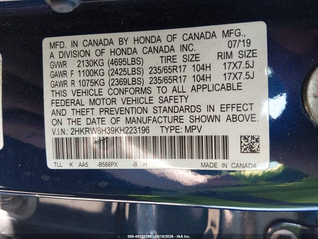 45122396 :رقم المزاد ، 2HKRW6H39KH223196 vin ، 2019 Honda Cr-v Lx مزاد بيع