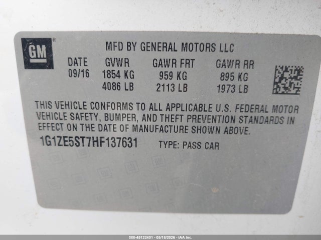 45122401 :رقم المزاد ، 1G1ZE5ST7HF137631 vin ، 2017 Chevrolet Malibu 1lt مزاد بيع