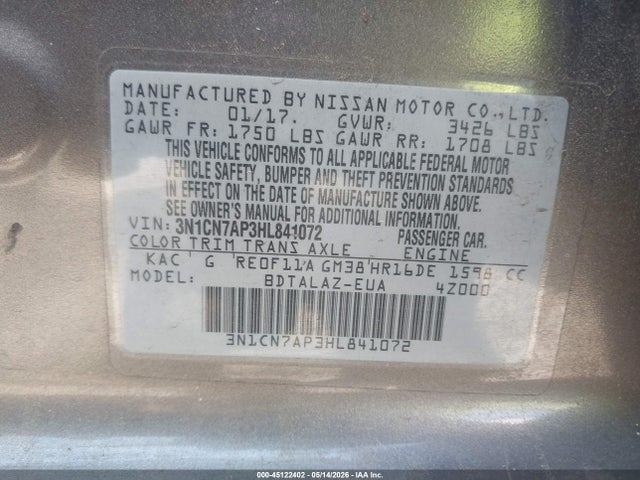 45122402 :رقم المزاد ، 3N1CN7AP3HL841072 vin ، 2017 Nissan Versa 1.6 S+ مزاد بيع