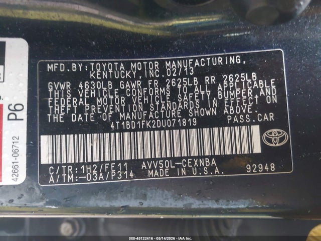 Продажа на аукционе авто 2013 Toyota Camry Hybrid Le, vin: 4T1BD1FK2DU071819, номер лота: 45122416
