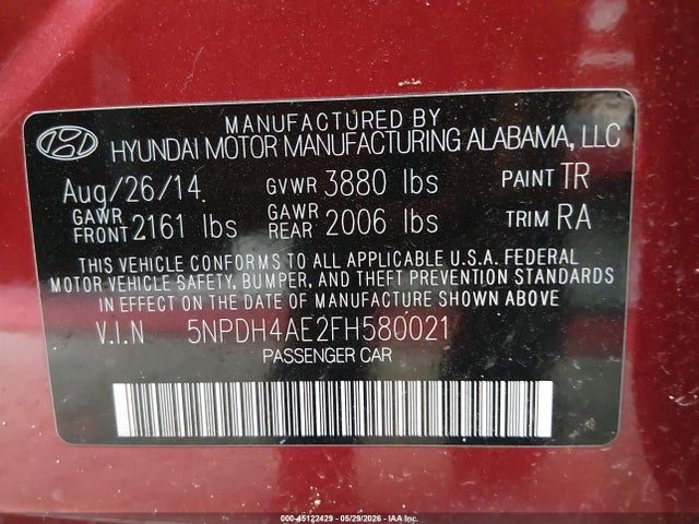 Hyundai ELANTRA SE 2015 5NPDH4AE2FH580021 Image 9