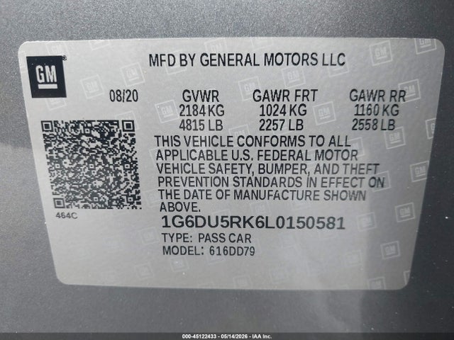 45122433 :رقم المزاد ، 1G6DU5RK6L0150581 vin ، 2020 Cadillac Ct5 Sport مزاد بيع