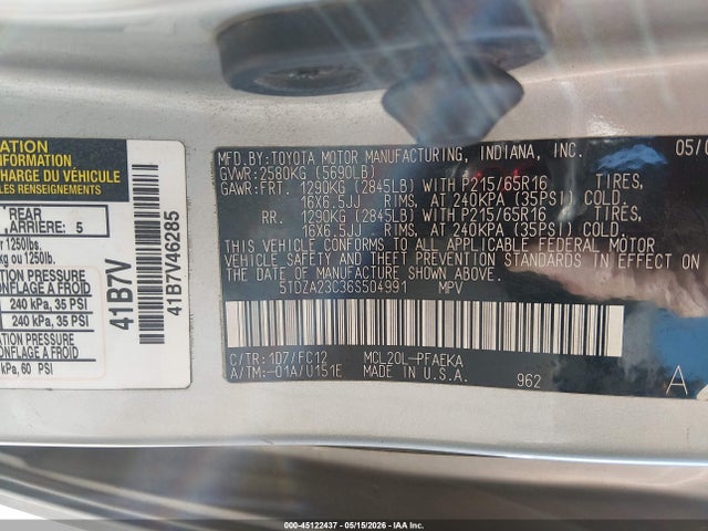 Aukcja sprzedaży 2006 Toyota Sienna Le, vin: 5TDZA23C36S504991, numer aukcji: 45122437