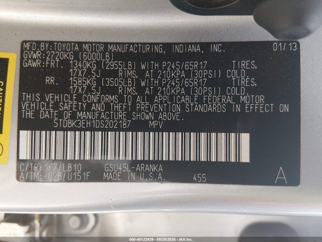 Aukcja sprzedaży 2013 Toyota Highlander Se V6, vin: 5TDBK3EH1DS202187, numer aukcji: 45122439