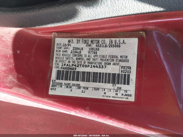 Продаж на аукціоні авто 1995 Ford Mustang Gt/gts, vin: 1FALP42T0SF144337, номер лоту: 45122442