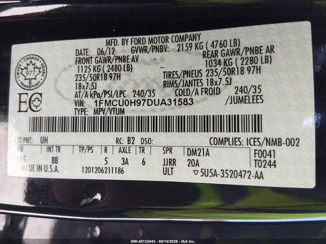 Aukcja sprzedaży 2013 Ford Escape Sel, vin: 1FMCU0H97DUA31583, numer aukcji: 45122443