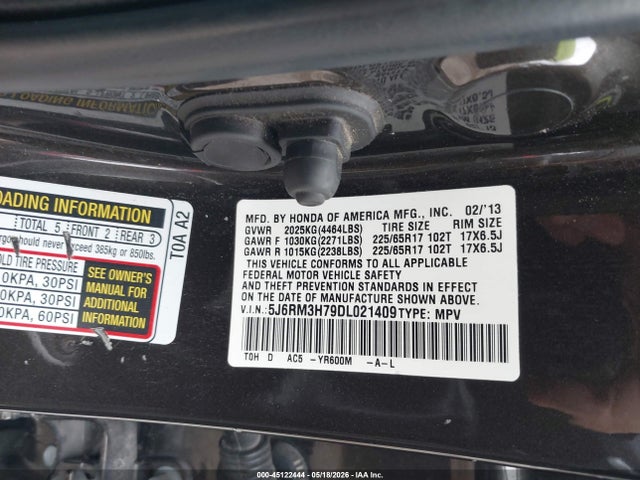Aukcja sprzedaży 2013 Honda Cr-v Ex-l, vin: 5J6RM3H79DL021409, numer aukcji: 45122444