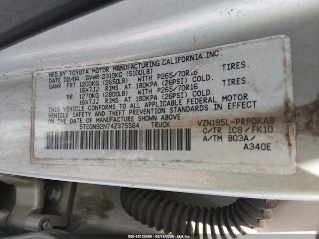Aukcja sprzedaży 2004 Toyota Tacoma Prerunner V6, vin: 5TEGN92N74Z375564, numer aukcji: 45122450