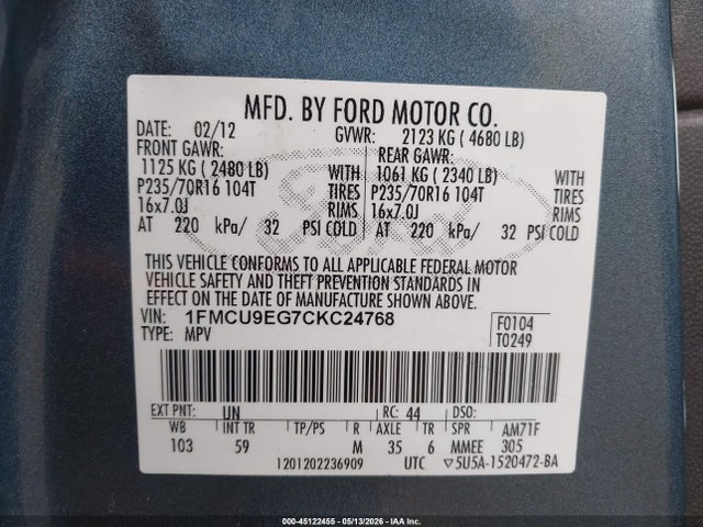 45122455 :رقم المزاد ، 1FMCU9EG7CKC24768 vin ، 2012 Ford Escape Limited مزاد بيع