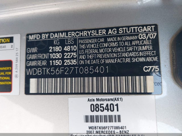 Продажа на аукционе авто 2007 Mercedes-benz Clk 350, vin: WDBTK56F27T085401, номер лота: 45122456