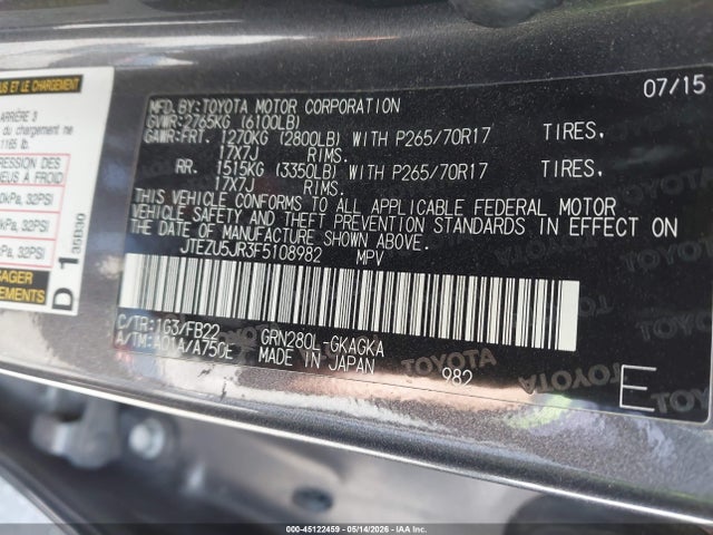 Toyota 4RUNNER SR5 2015 JTEZU5JR3F5108982 Image 9