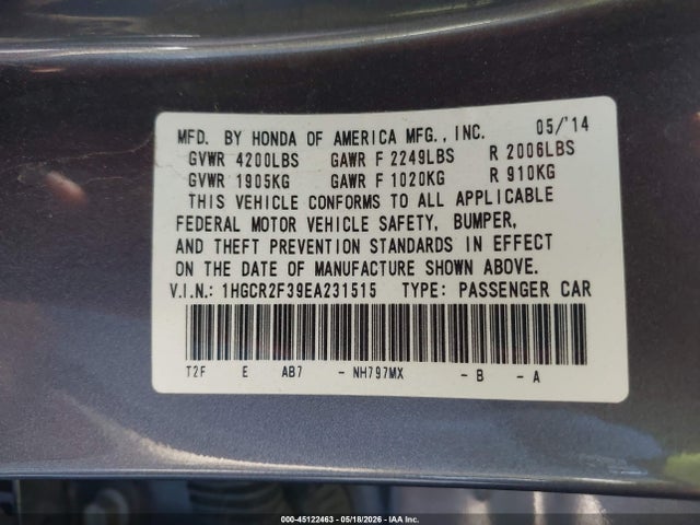 Honda ACCORD LX 2014 1HGCR2F39EA231515 Image 9