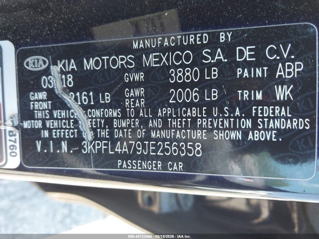 45122468 :رقم المزاد ، 3KPFL4A79JE256358 vin ، 2018 Kia Forte Lx مزاد بيع