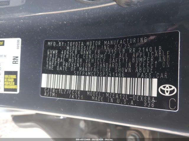 2025 Toyota Corolla Se მანქანა იყიდება აუქციონზე, vin: 5YFP4MCE7SP241466, აუქციონის ნომერი: 45122469
