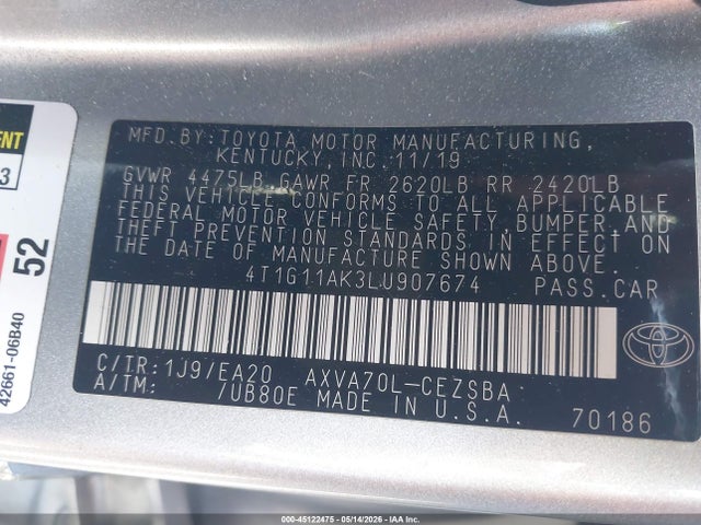 Toyota CAMRY SE 2020 4T1G11AK3LU907674 Image 9