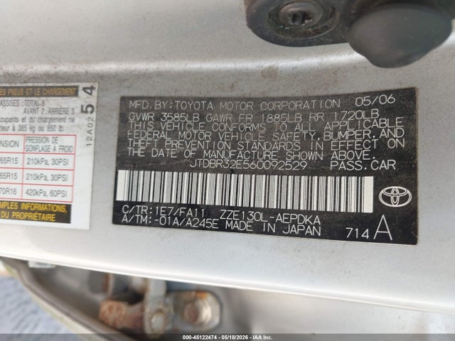 Продажа на аукционе авто 2006 Toyota Corolla Ce, vin: JTDBR32E560092529, номер лота: 45122474