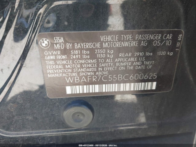 Auction sale of the 2011 Bmw 535i, vin: WBAFR7C55BC600625, lot number: 45122480
