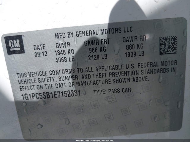 2014 Chevrolet Cruze 1lt Auto მანქანა იყიდება აუქციონზე, vin: 1G1PC5SB1E7152331, აუქციონის ნომერი: 45122482
