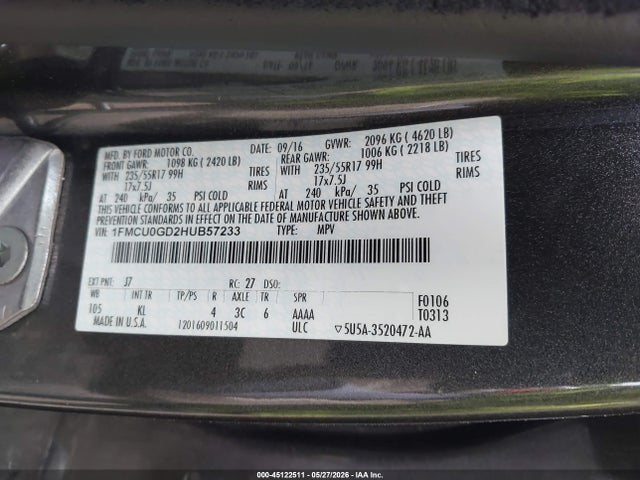 45122511 :رقم المزاد ، 1FMCU0GD2HUB57233 vin ، 2017 Ford Escape Se مزاد بيع